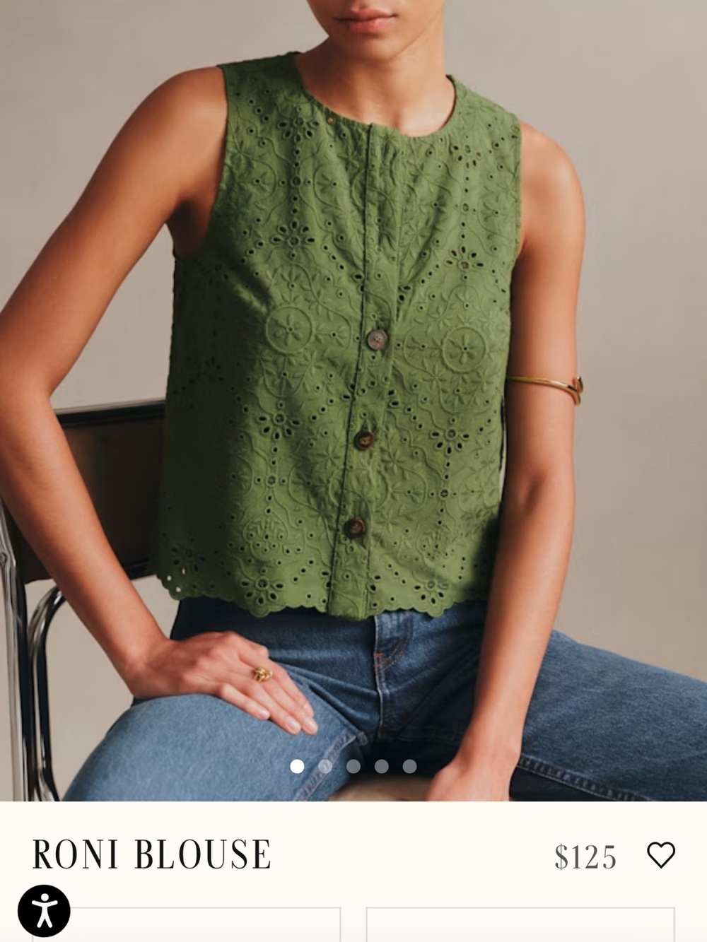 Sezane. Roni blouse. EUC. Green Eyelet Cotton Sleeveless Button-Front. Size 36. - Picture 3 of 4